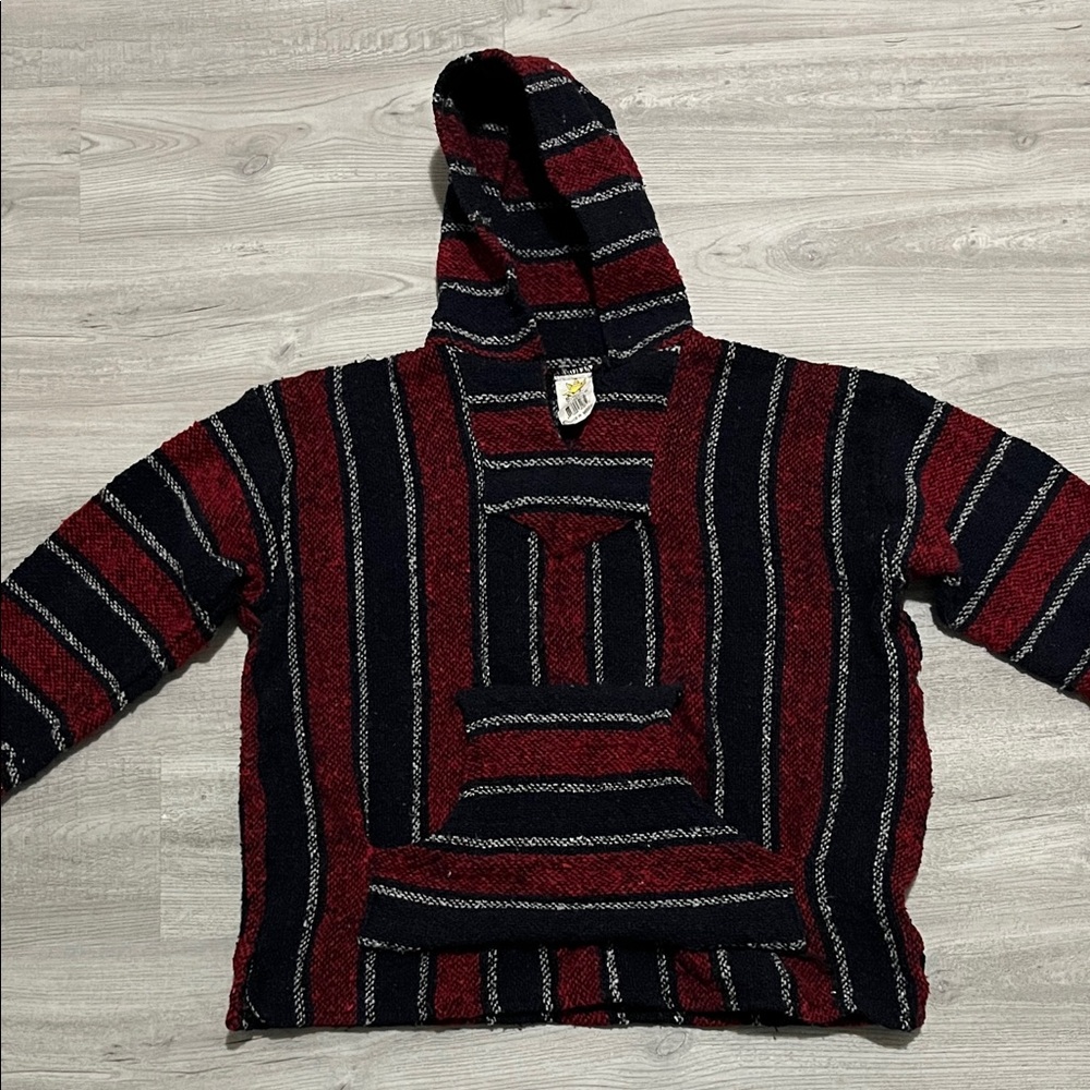 Sunspecs Striped Red & Black Baja Woven Knit Pancho Sweater Pullover Hood